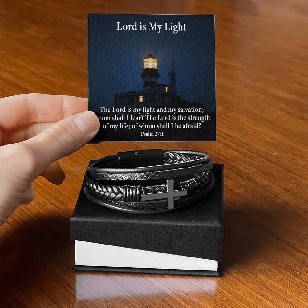 Lord is My Light Psalm 27:1 Men's Stainless Steel & Vegan Leather Cross Bracelet - Vegan Leather with Stainless Steel-Express Your Love Gifts