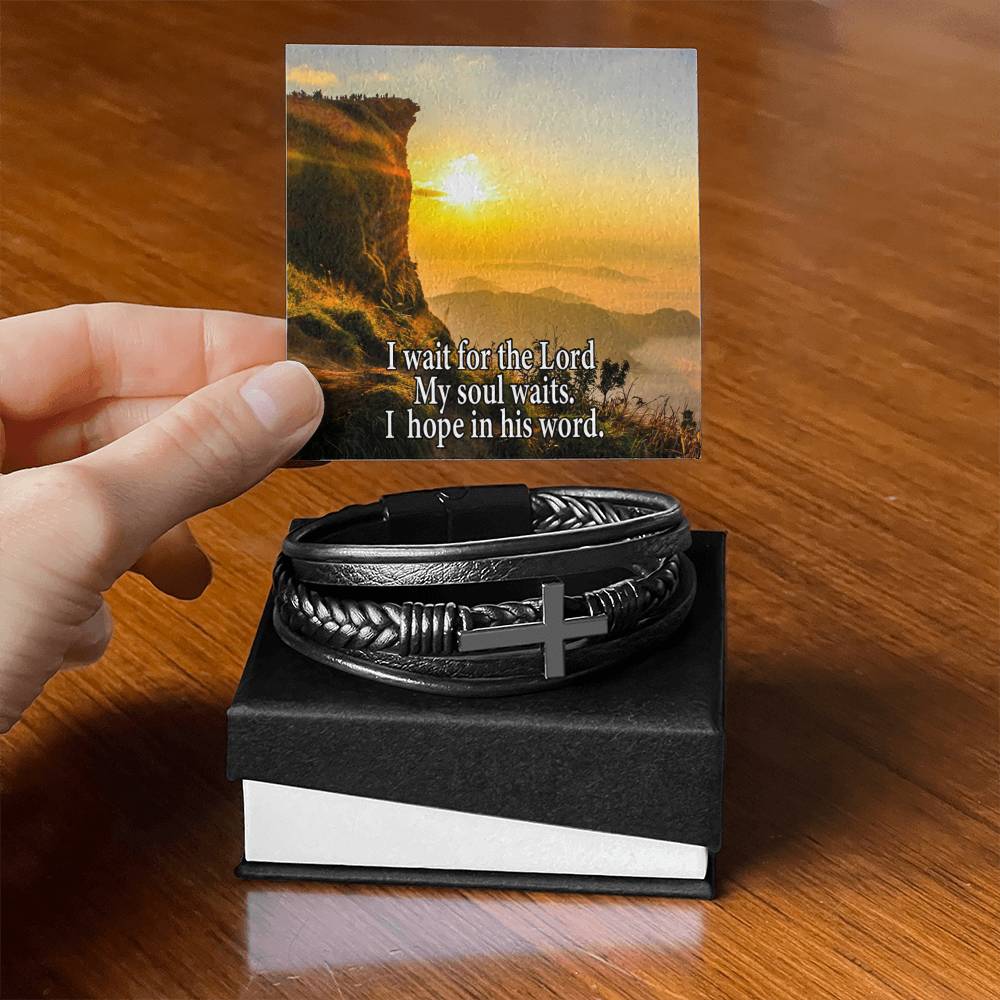 Hope in God Psalm130:5 Men's Stainless Steel & Vegan Leather Cross Bracelet - Vegan Leather with Stainless Steel-Express Your Love Gifts