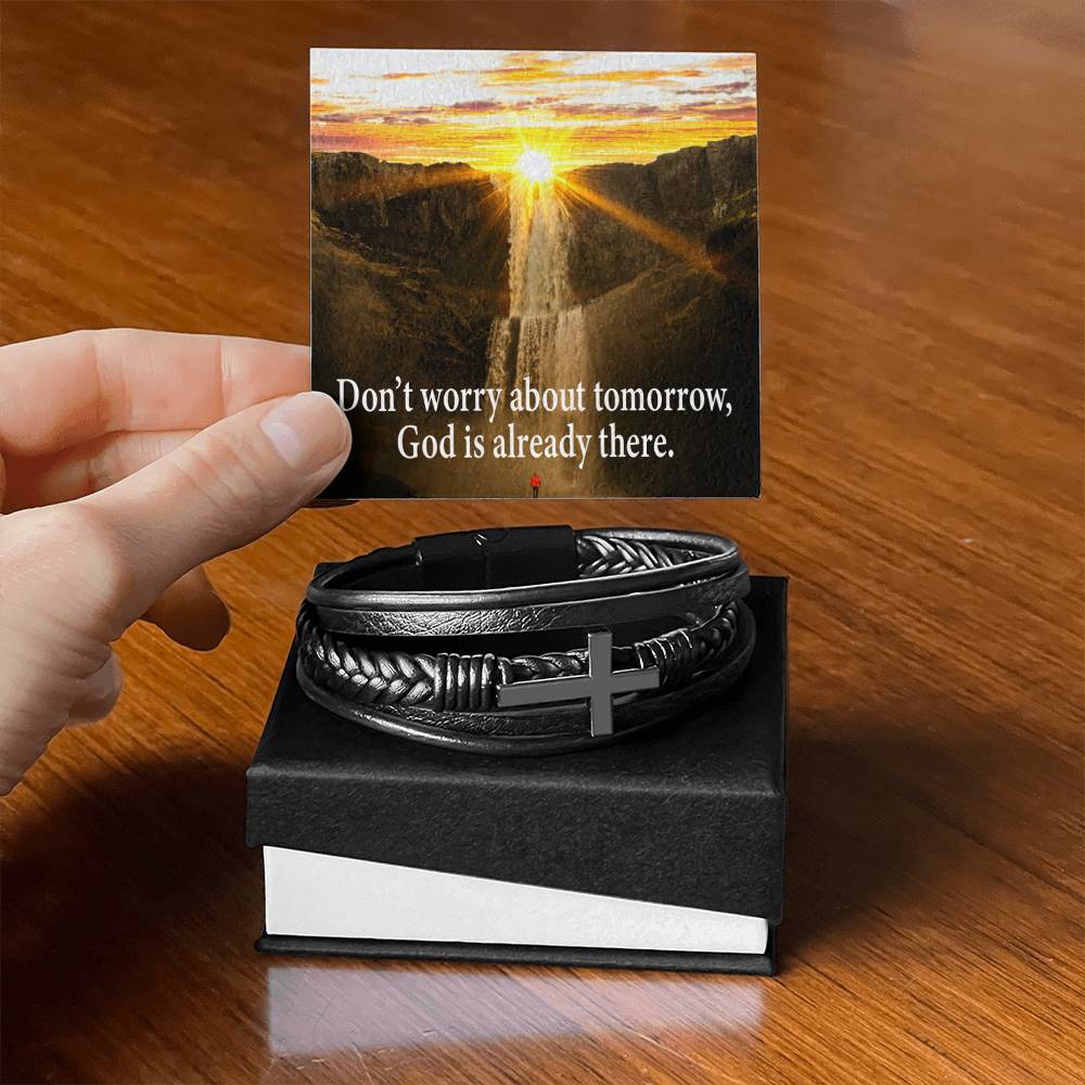 Don’t Worry Men's Stainless Steel & Vegan Leather Cross Bracelet - Vegan Leather with Stainless Steel-Express Your Love Gifts