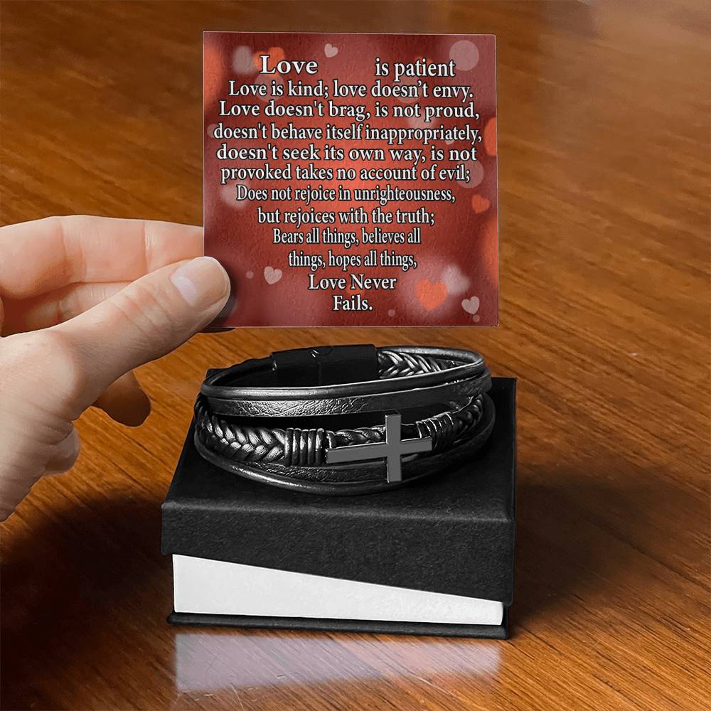 Love is Corinthians Men's Stainless Steel & Vegan Leather Cross Bracelet - Vegan Leather with Stainless Steel-Express Your Love Gifts