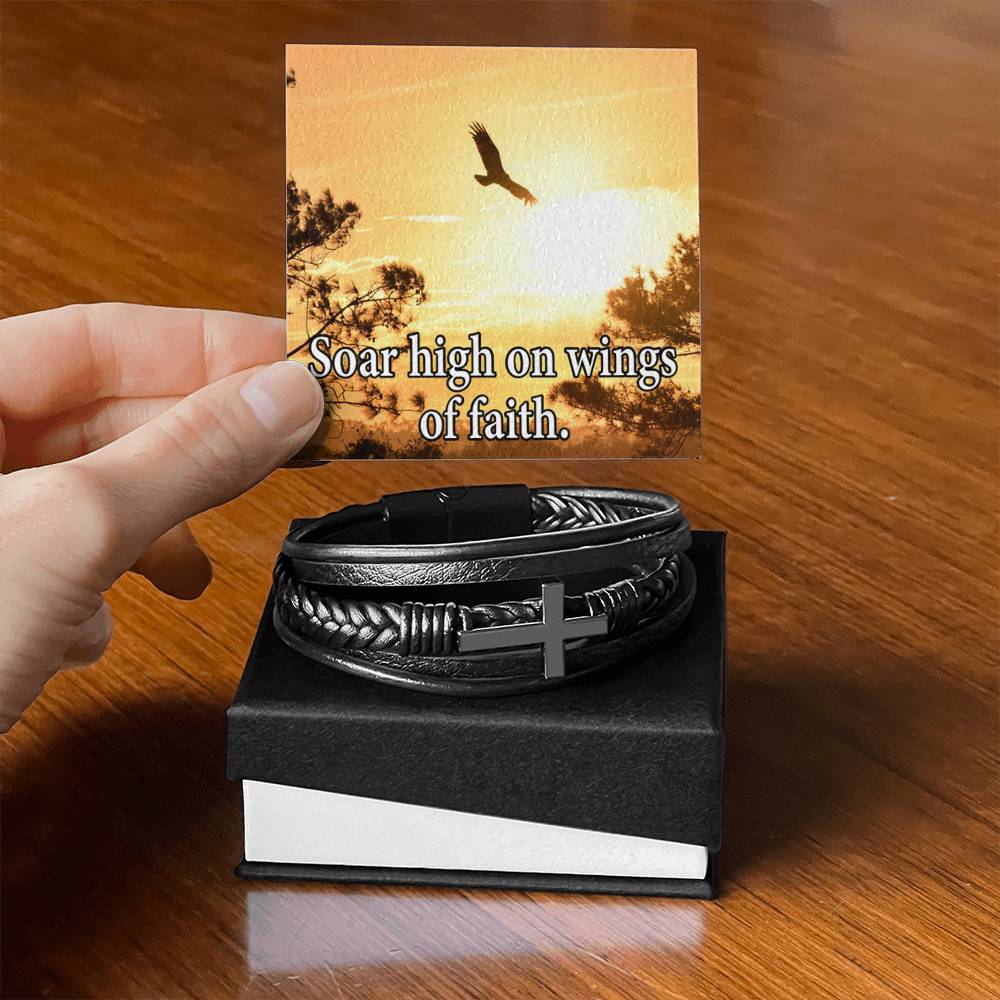 Soar High on Faith Men's Stainless Steel & Vegan Leather Cross Bracelet - Vegan Leather with Stainless Steel-Express Your Love Gifts
