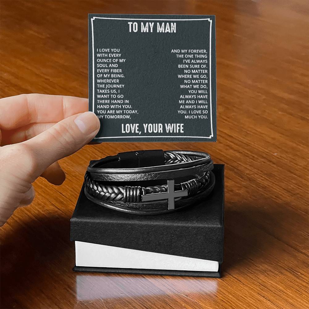 To My Man I Love You With Every Ounce Men's Cross Bracelet - Vegan Leather with Stainless Steel-Express Your Love Gifts
