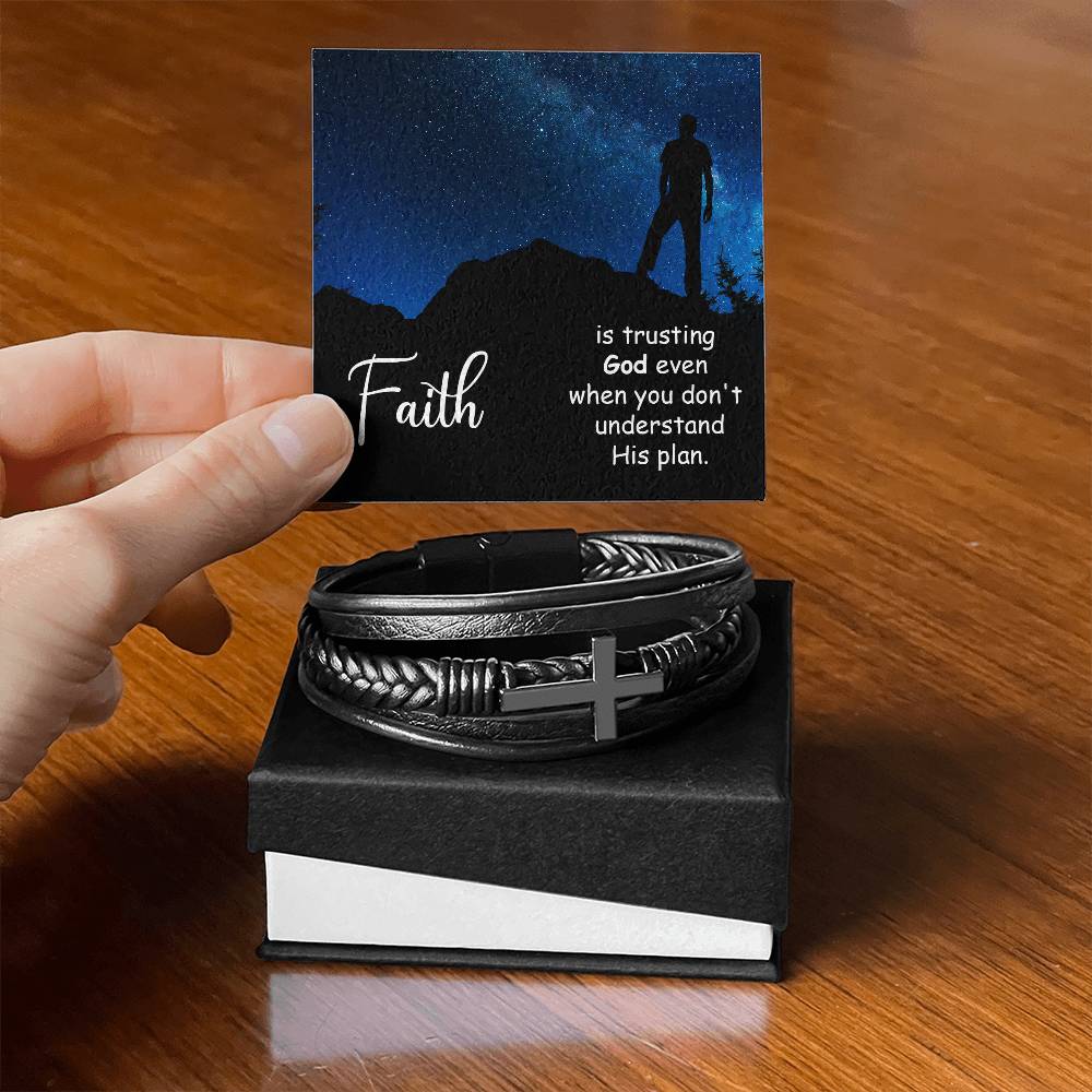Faith is Trusting God Even When You Don't Men's Stainless Steel & Vegan Leather Cross Bracelet - Vegan Leather with Stainless Steel-Express Your Love Gifts