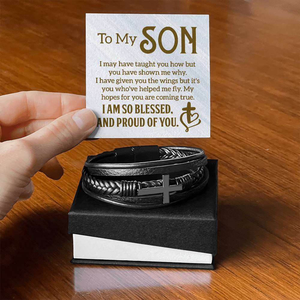 To My Son I Am So Blessed Men's Cross Bracelet - Vegan Leather with Stainless Steel-Express Your Love Gifts
