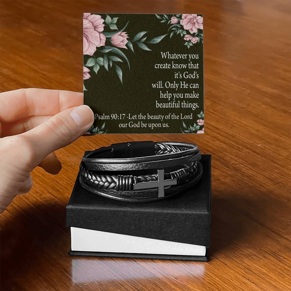 God's Will & Beauty Psalm 90:17 Men's Stainless Steel & Vegan Leather Cross Bracelet - Vegan Leather with Stainless Steel-Express Your Love Gifts