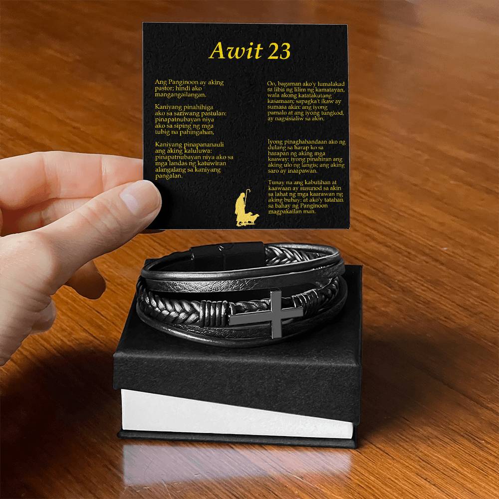 Lord is my Shepherd Tagalog Awit Men's Stainless Steel & Vegan Leather Cross Bracelet - Vegan Leather with Stainless Steel-Express Your Love Gifts