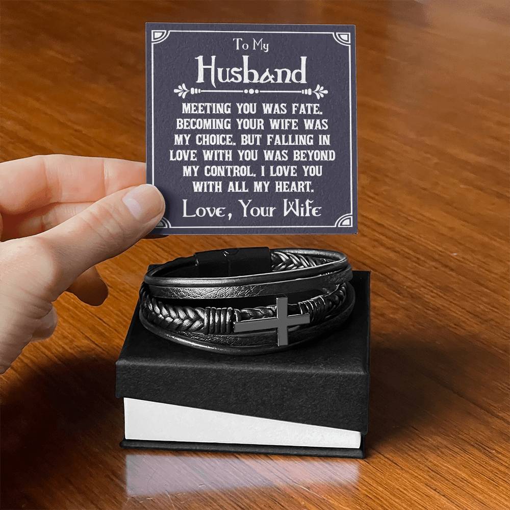 To My Husband Meeting You Was Fate Men's Cross Bracelet - Vegan Leather with Stainless Steel-Express Your Love Gifts
