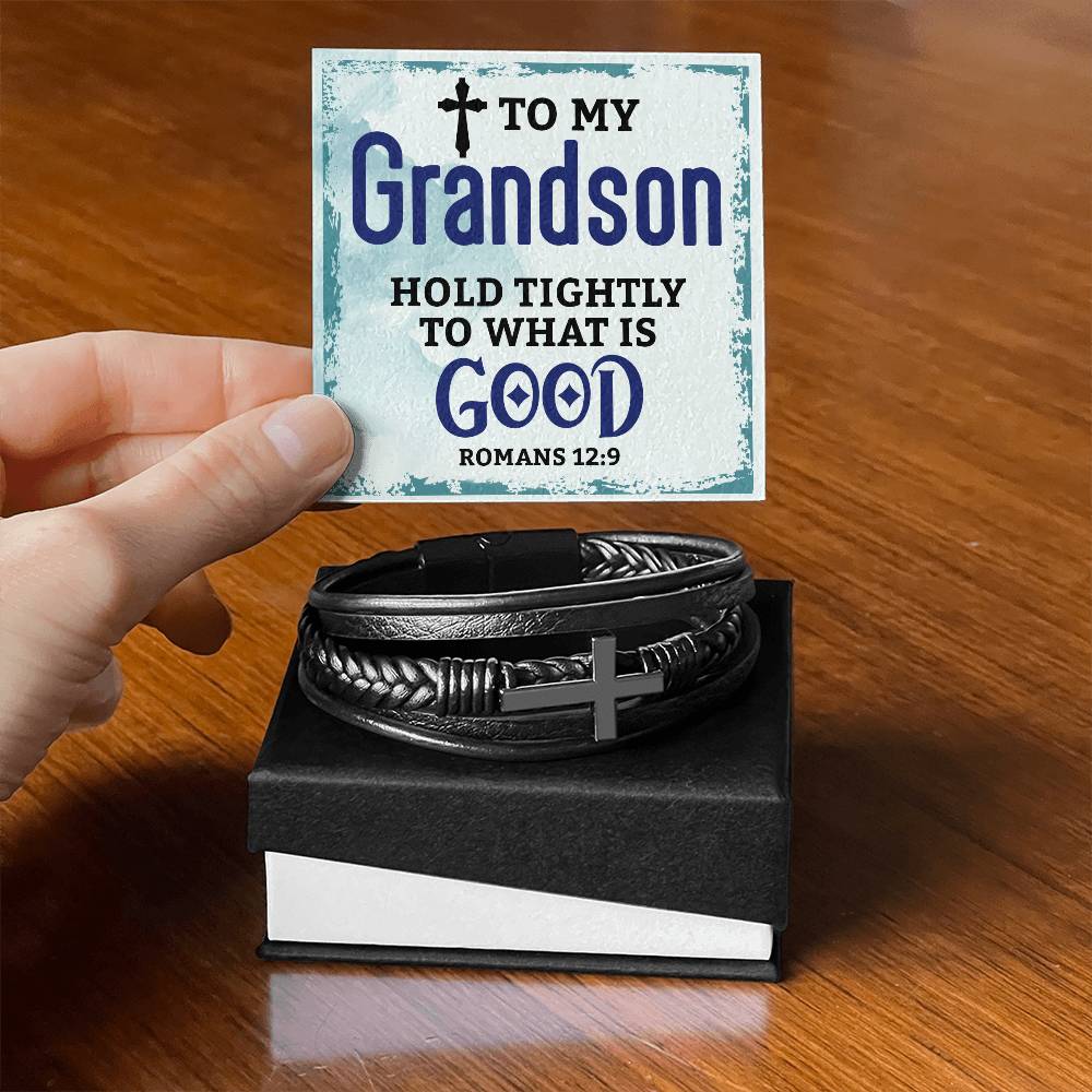 To My Grandson Hold Tightly Men's Cross Bracelet - Vegan Leather with Stainless Steel-Express Your Love Gifts