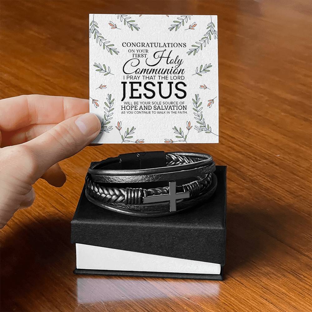 Congratulations on Your First Holy Communion Men's Stainless Steel & Vegan Leather Cross Bracelet - Vegan Leather with Stainless Steel-Express Your Love Gifts