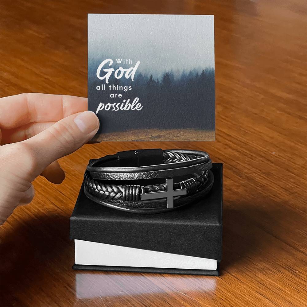 With God All Things are Possible Men's Cross Bracelet - Vegan Leather with Stainless Steel-Express Your Love Gifts
