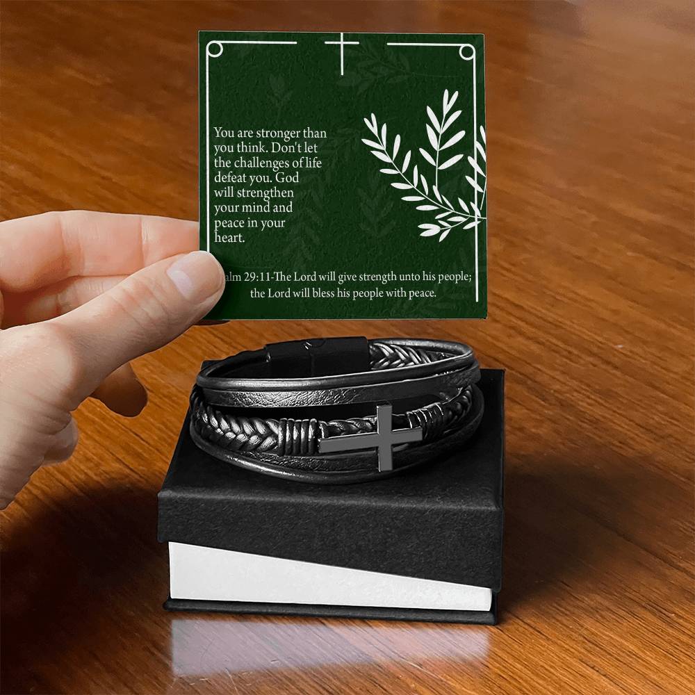 God Will Strengthen You Psalm 29:11 Men's Stainless Steel & Vegan Leather Cross Bracelet - Vegan Leather with Stainless Steel-Express Your Love Gifts