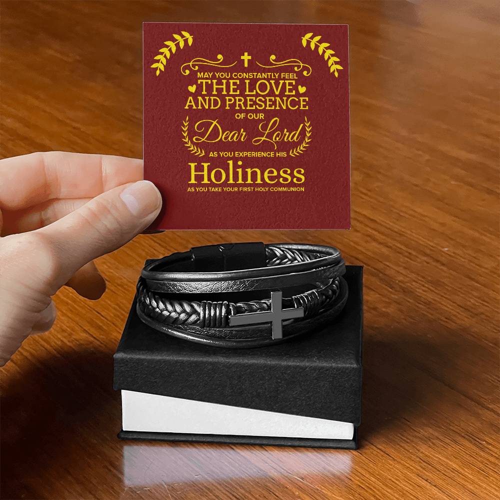 Our Dear Lord First Communion Men's Stainless Steel & Vegan Leather Cross Bracelet - Vegan Leather with Stainless Steel-Express Your Love Gifts