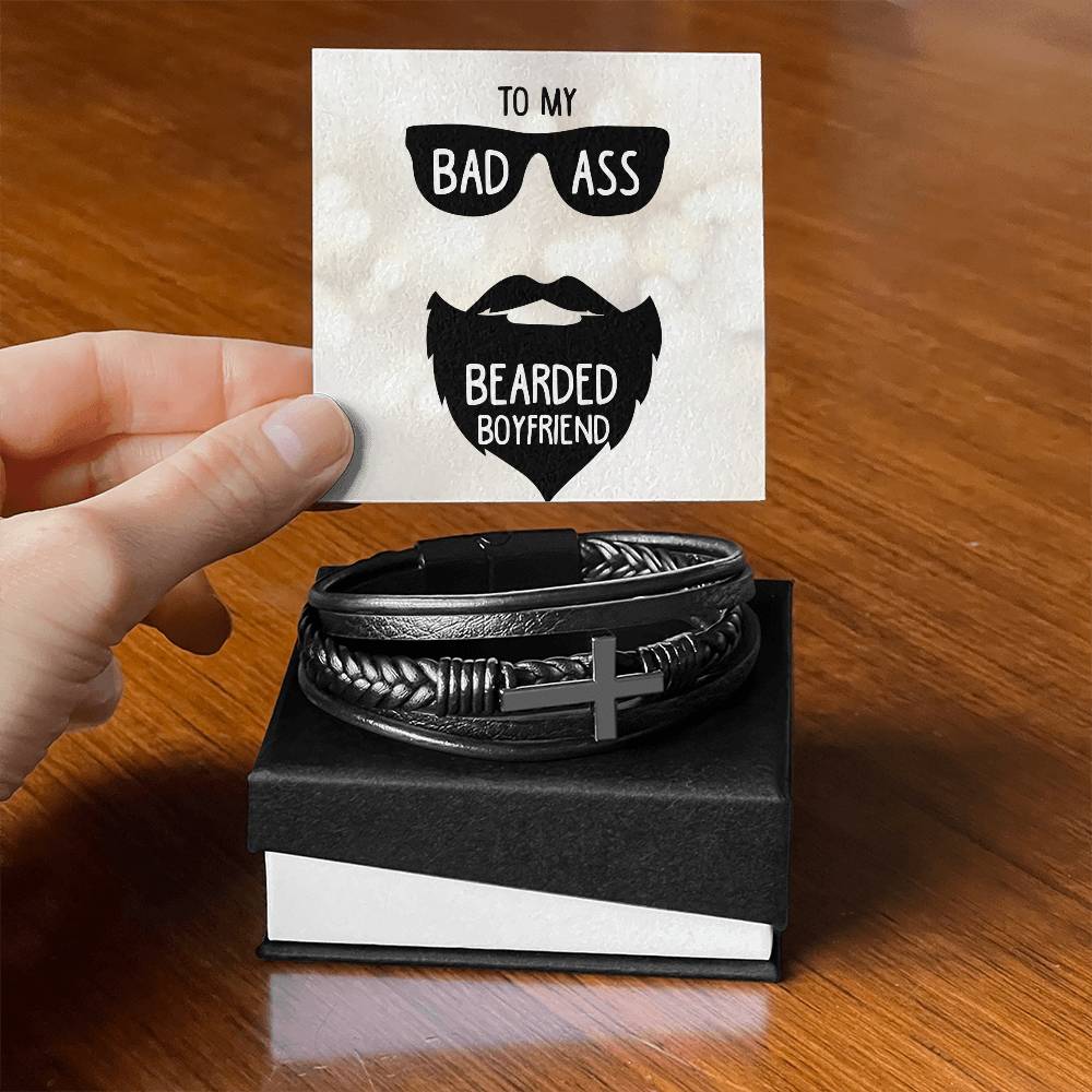 To My Badass Bearded Boyfriend Men's Cross Bracelet - Vegan Leather with Stainless Steel-Express Your Love Gifts