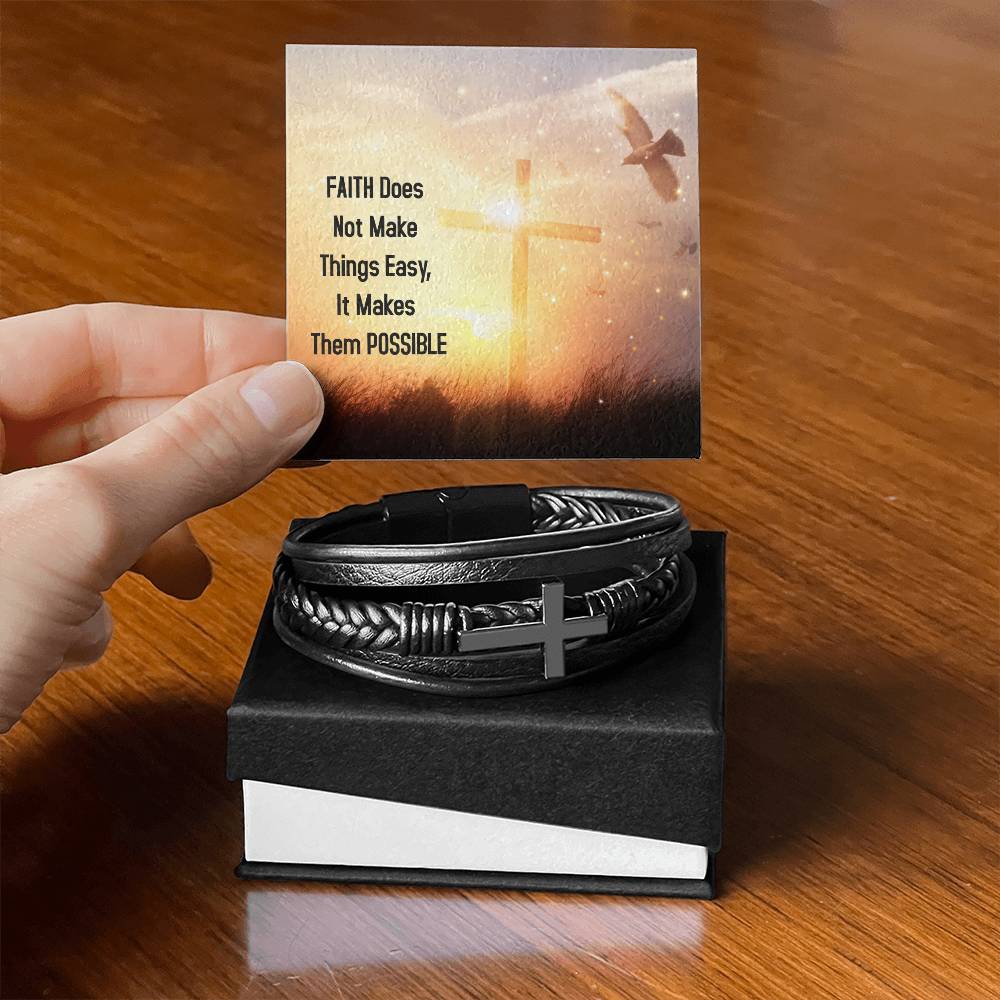Faith Does Not Make Things Easy Luke 1:37 Men's Stainless Steel & Vegan Leather Cross Bracelet - Vegan Leather with Stainless Steel-Express Your Love Gifts