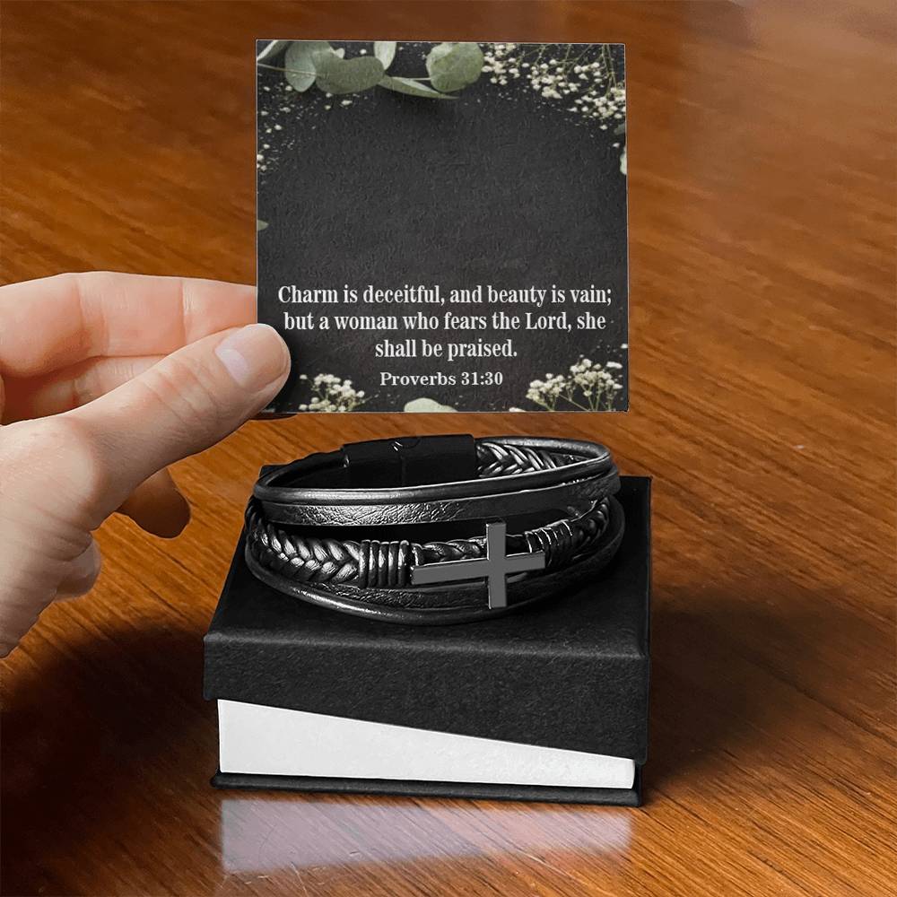 Fear the Lord Proverbs 31:30 Men's Stainless Steel & Vegan Leather Cross Bracelet - Vegan Leather with Stainless Steel-Express Your Love Gifts