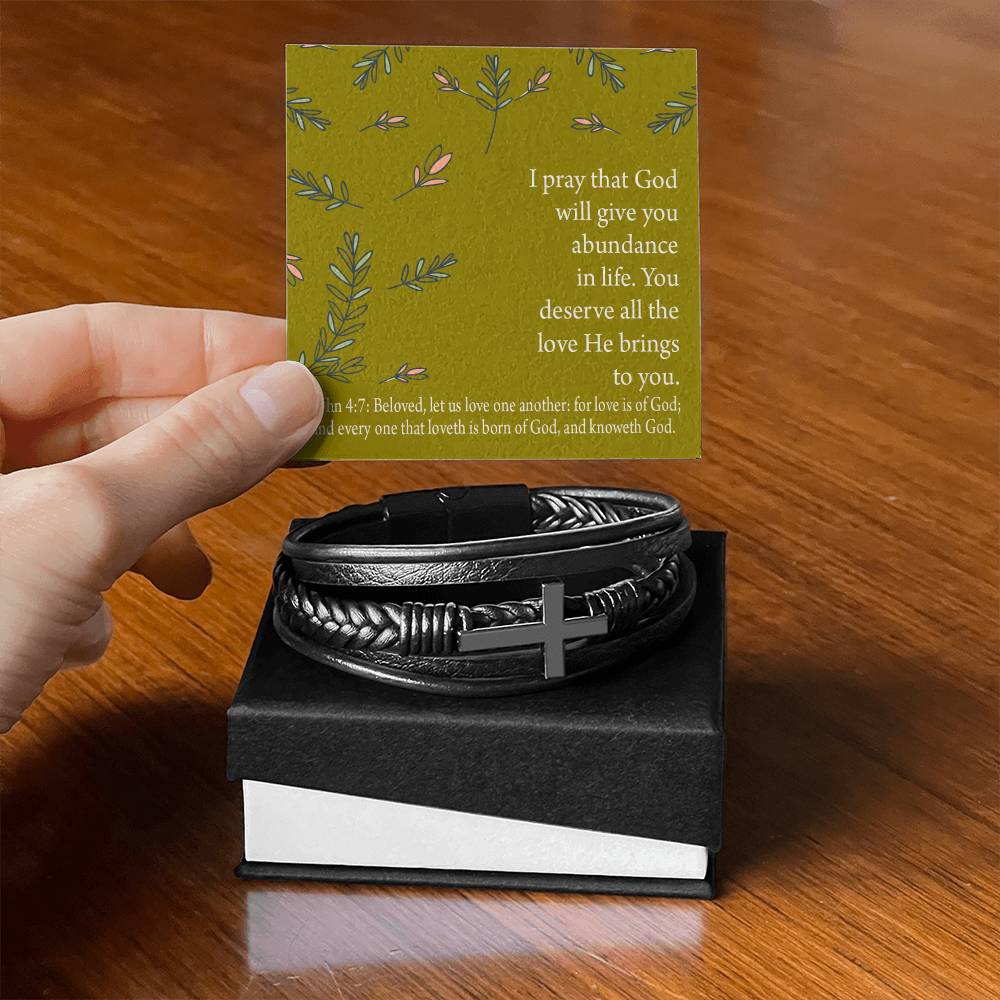 God's Love Faith 1 John 4 :7 Men's Stainless Steel & Vegan Leather Cross Bracelet - Vegan Leather with Stainless Steel-Express Your Love Gifts