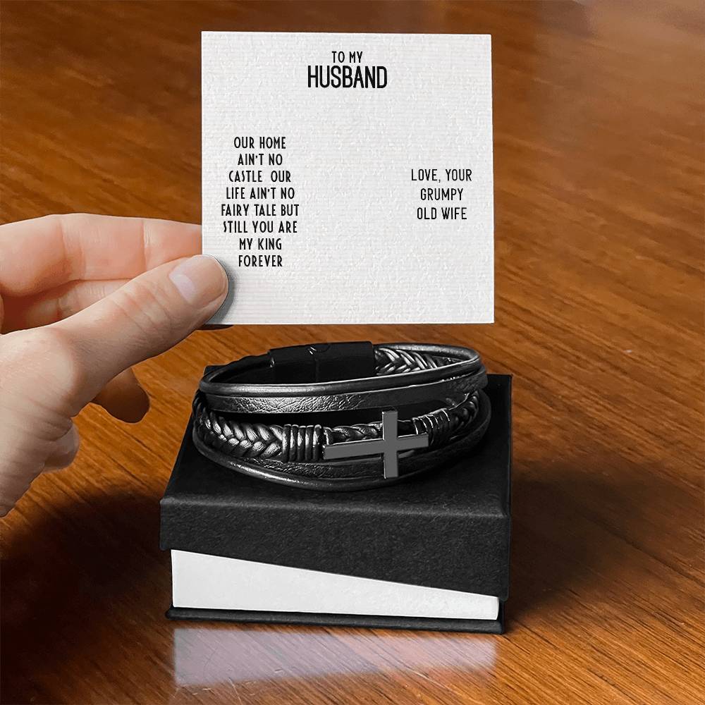 To My Husband Our Home Ain't No Castle Men's Cross Bracelet - Vegan Leather with Stainless Steel-Express Your Love Gifts
