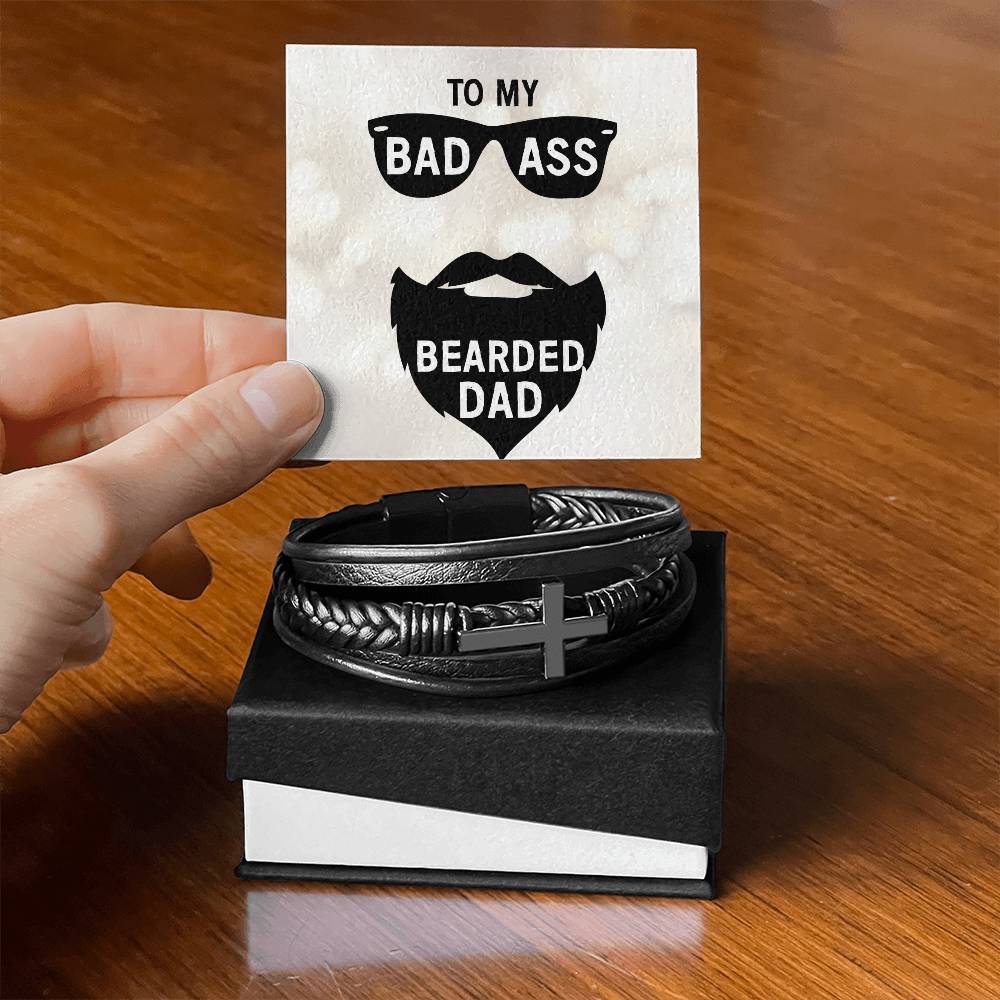 To My Badass Bearded Dad Men's Cross Bracelet - Vegan Leather with Stainless Steel-Express Your Love Gifts