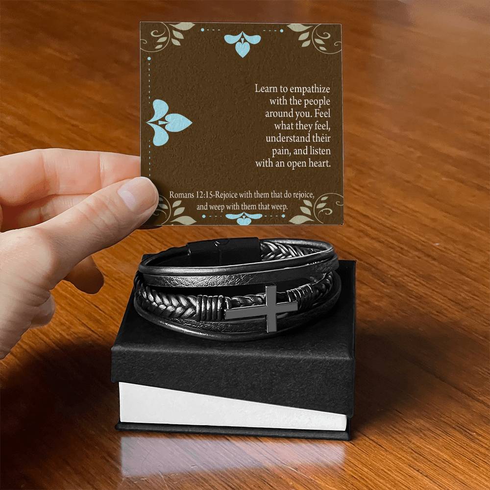 Empathy & Understanding Romans 12:15 Men's Stainless Steel & Vegan Leather Cross Bracelet - Vegan Leather with Stainless Steel-Express Your Love Gifts