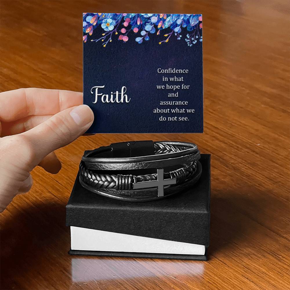 Faith (noun) Hebrews 11:1 Men's Stainless Steel & Vegan Leather Cross Bracelet - Vegan Leather with Stainless Steel-Express Your Love Gifts