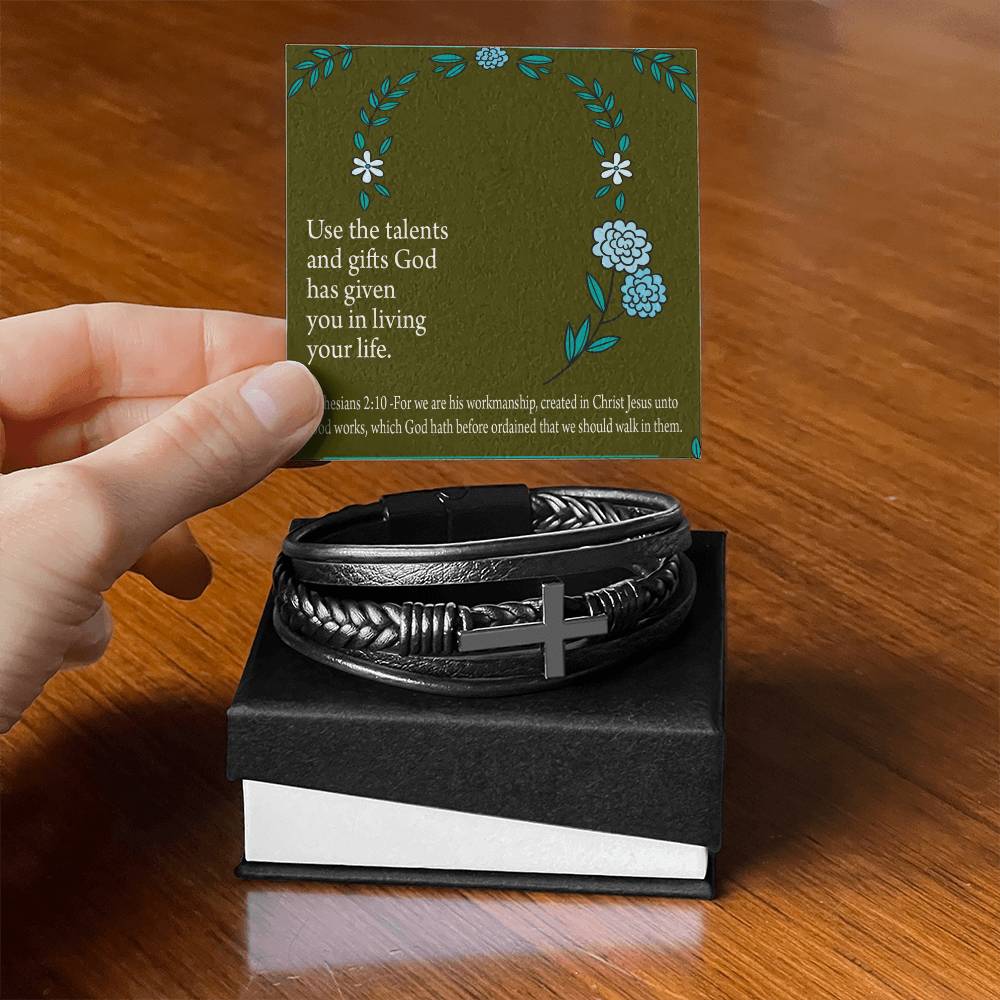 You Are God's Workmanship Ephesians 2:10 Men's Stainless Steel & Vegan Leather Cross Bracelet - Vegan Leather with Stainless Steel-Express Your Love Gifts