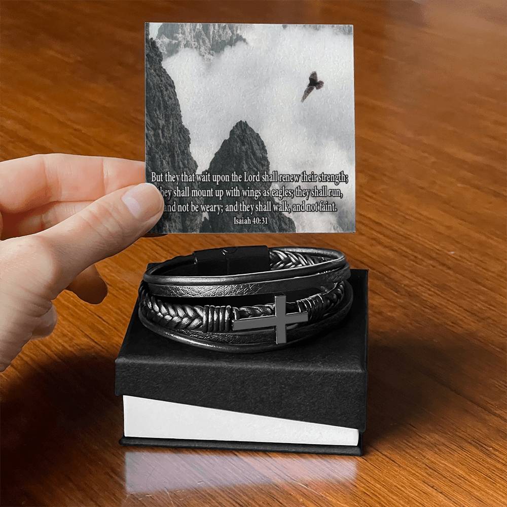 Renew Their Strength Isaiah 40:31 Men's Stainless Steel & Vegan Leather Cross Bracelet - Vegan Leather with Stainless Steel-Express Your Love Gifts