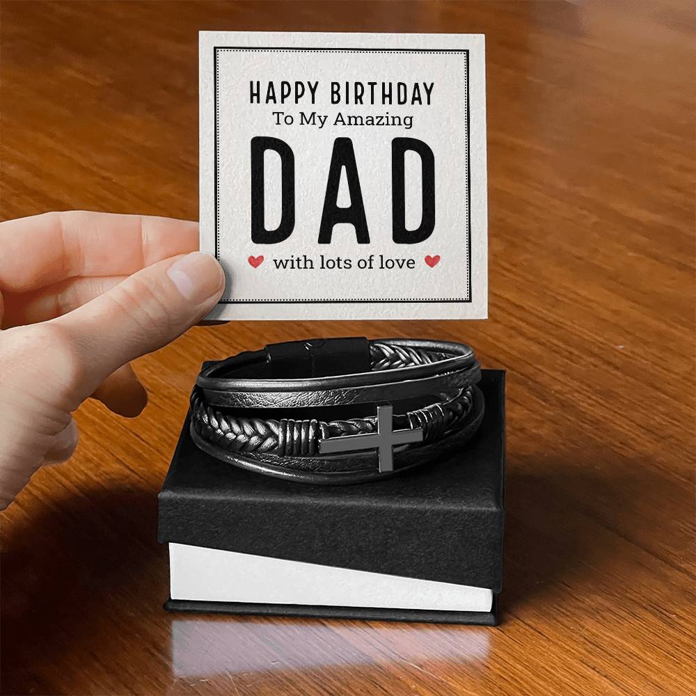 Happy Birthday to My Amazing Dad Men's Cross Bracelet - Vegan Leather with Stainless Steel-Express Your Love Gifts