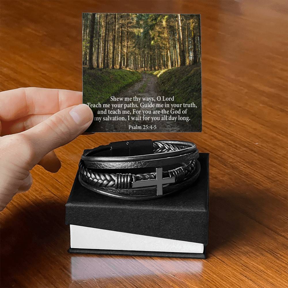 Guide & Teach Me lord in Psalm 25:4‭-‬5 Men's Stainless Steel & Vegan Leather Cross Bracelet - Vegan Leather with Stainless Steel-Express Your Love Gifts