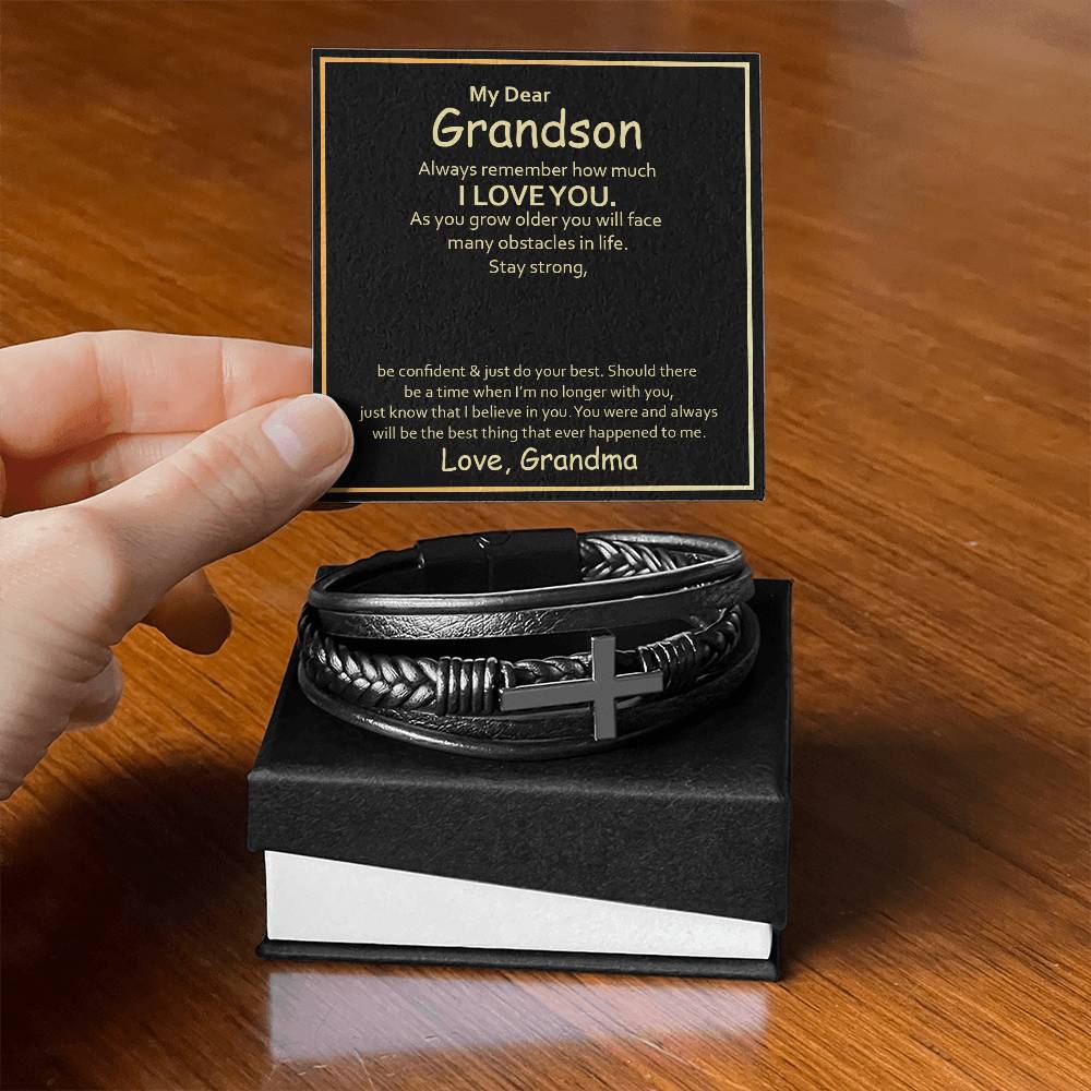 To My Grandson Always Remember How Much I Love You Men's Cross Bracelet - Vegan Leather with Stainless Steel-Express Your Love Gifts