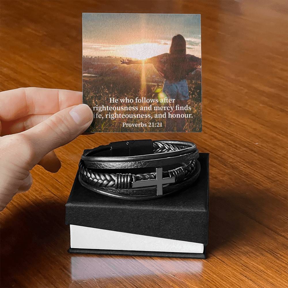 Righteousness and Honour Proverbs 21:21 Men's Stainless Steel & Vegan Leather Cross Bracelet - Vegan Leather with Stainless Steel-Express Your Love Gifts