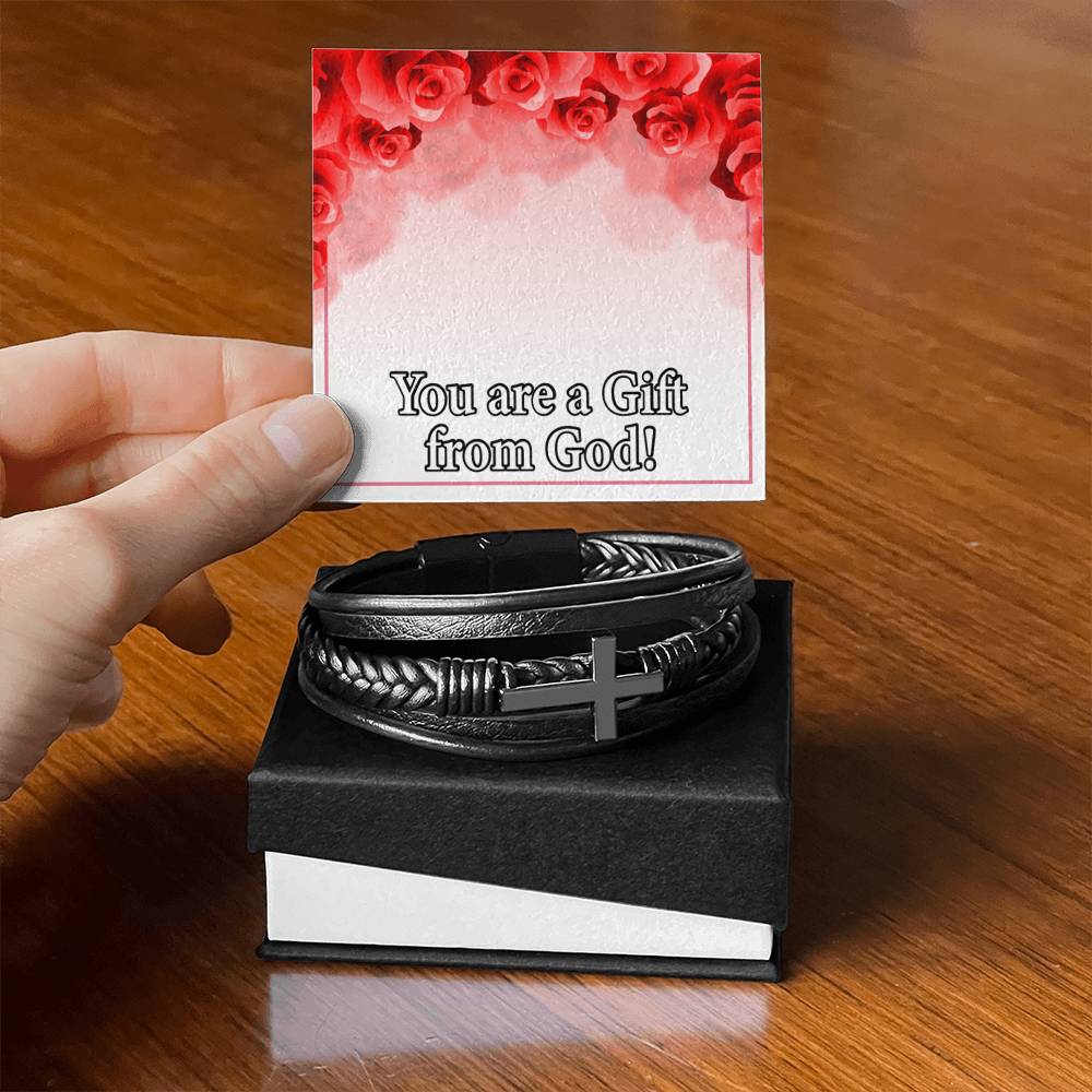 You Are a Gift From God Men's Stainless Steel & Vegan Leather Cross Bracelet - Vegan Leather with Stainless Steel-Express Your Love Gifts