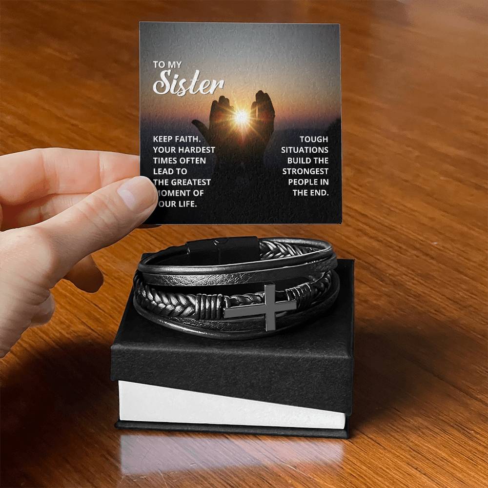 Keep Faith 2 Timothy 4:7 Men's Stainless Steel & Vegan Leather Cross Bracelet - Vegan Leather with Stainless Steel-Express Your Love Gifts
