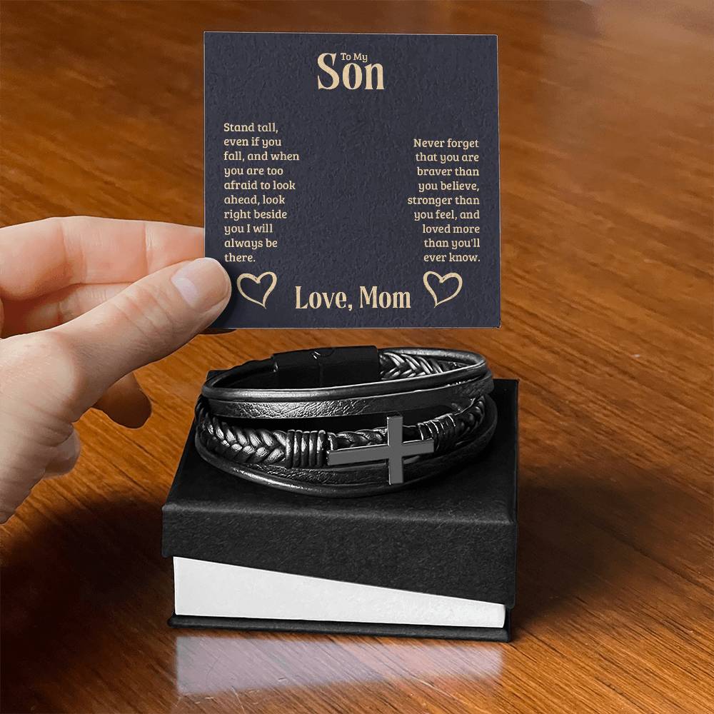 To My Son Stand Tall From Mom Men's Cross Bracelet - Vegan Leather with Stainless Steel-Express Your Love Gifts