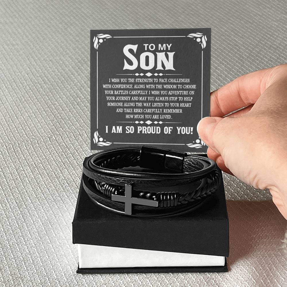 To My Son I Wish You the Strength to Face Challenges Men's Cross Bracelet - Vegan Leather with Stainless Steel-Express Your Love Gifts