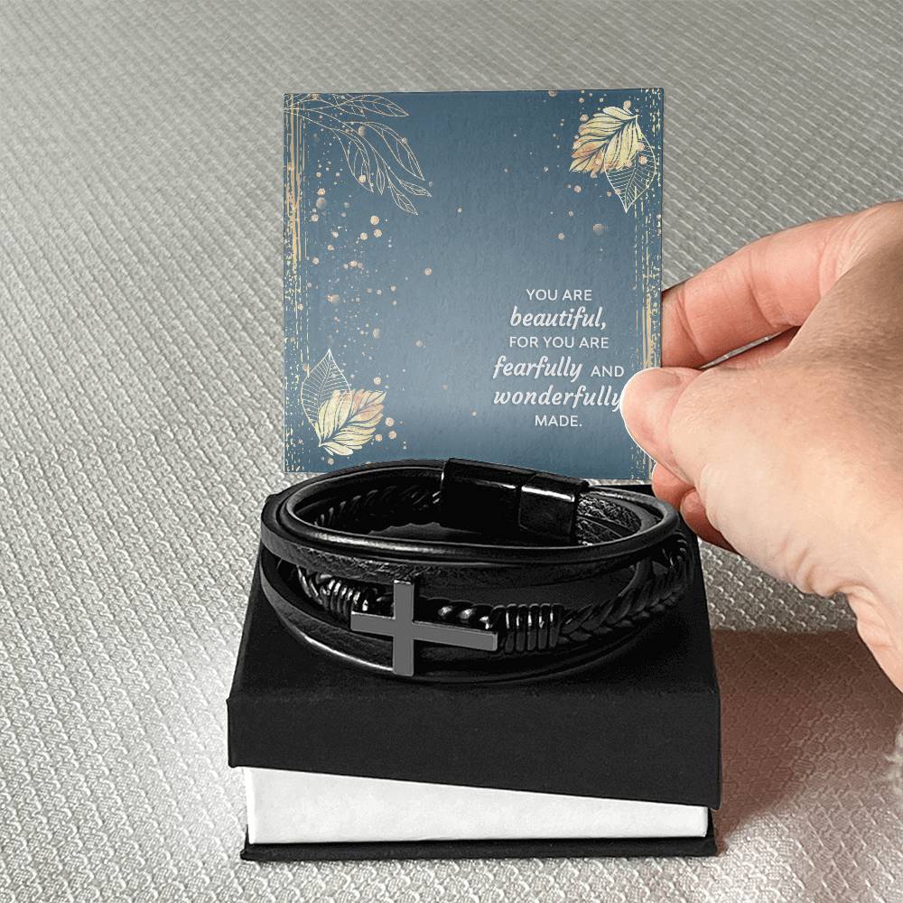You Are Wonderfully Made Psalm 139:14 Men's Stainless Steel & Vegan Leather Cross Bracelet - Vegan Leather with Stainless Steel-Express Your Love Gifts