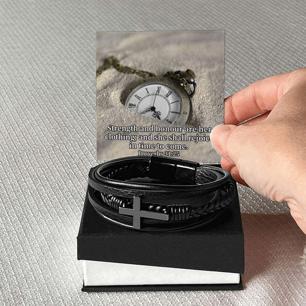 Her Strength Proverbs 31:25 Men's Stainless Steel & Vegan Leather Cross Bracelet - Vegan Leather with Stainless Steel-Express Your Love Gifts