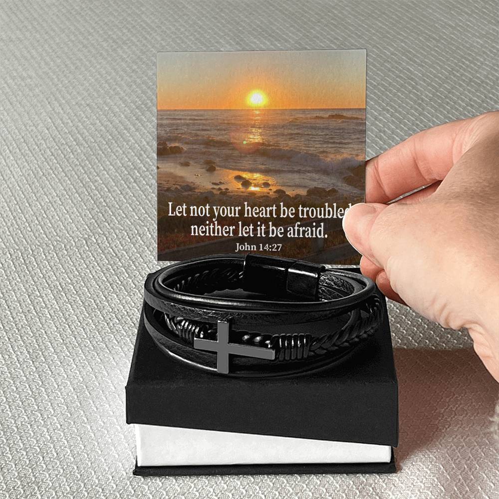 Let Not Your Heart be Troubled John 14:27 Men's Stainless Steel & Vegan Leather Cross Bracelet - Vegan Leather with Stainless Steel-Express Your Love Gifts