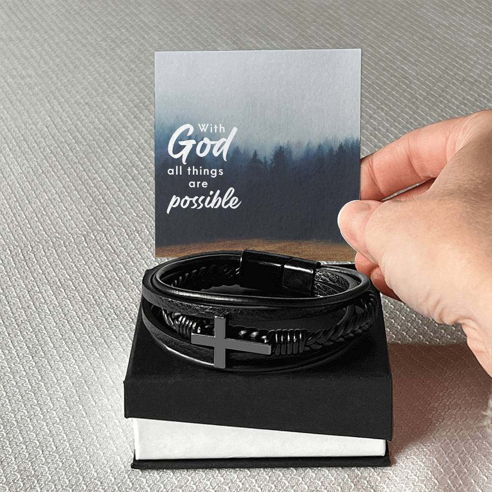 With God All Things are Possible Men's Cross Bracelet - Vegan Leather with Stainless Steel-Express Your Love Gifts