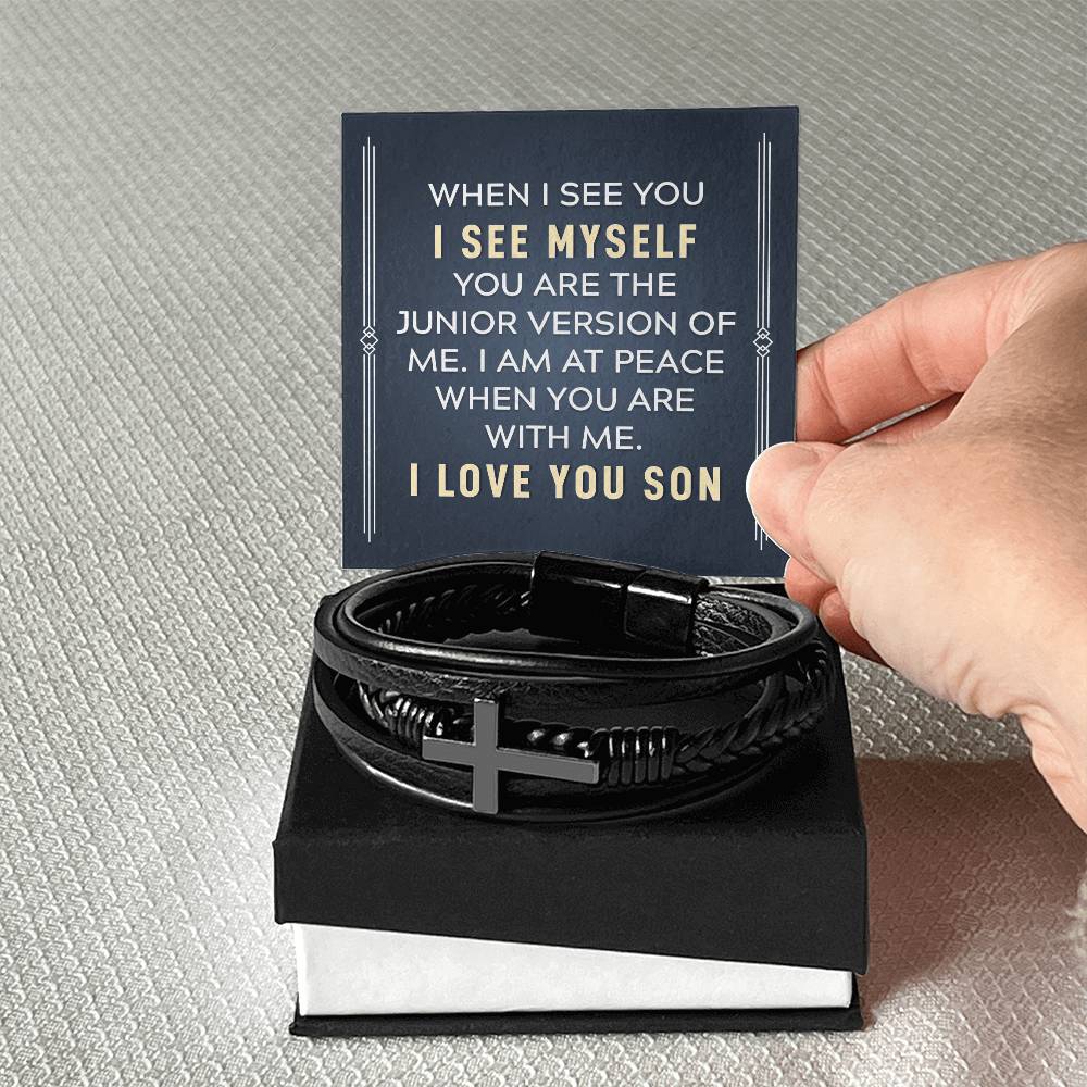 To My Son When I See You Men's Cross Bracelet - Vegan Leather with Stainless Steel-Express Your Love Gifts