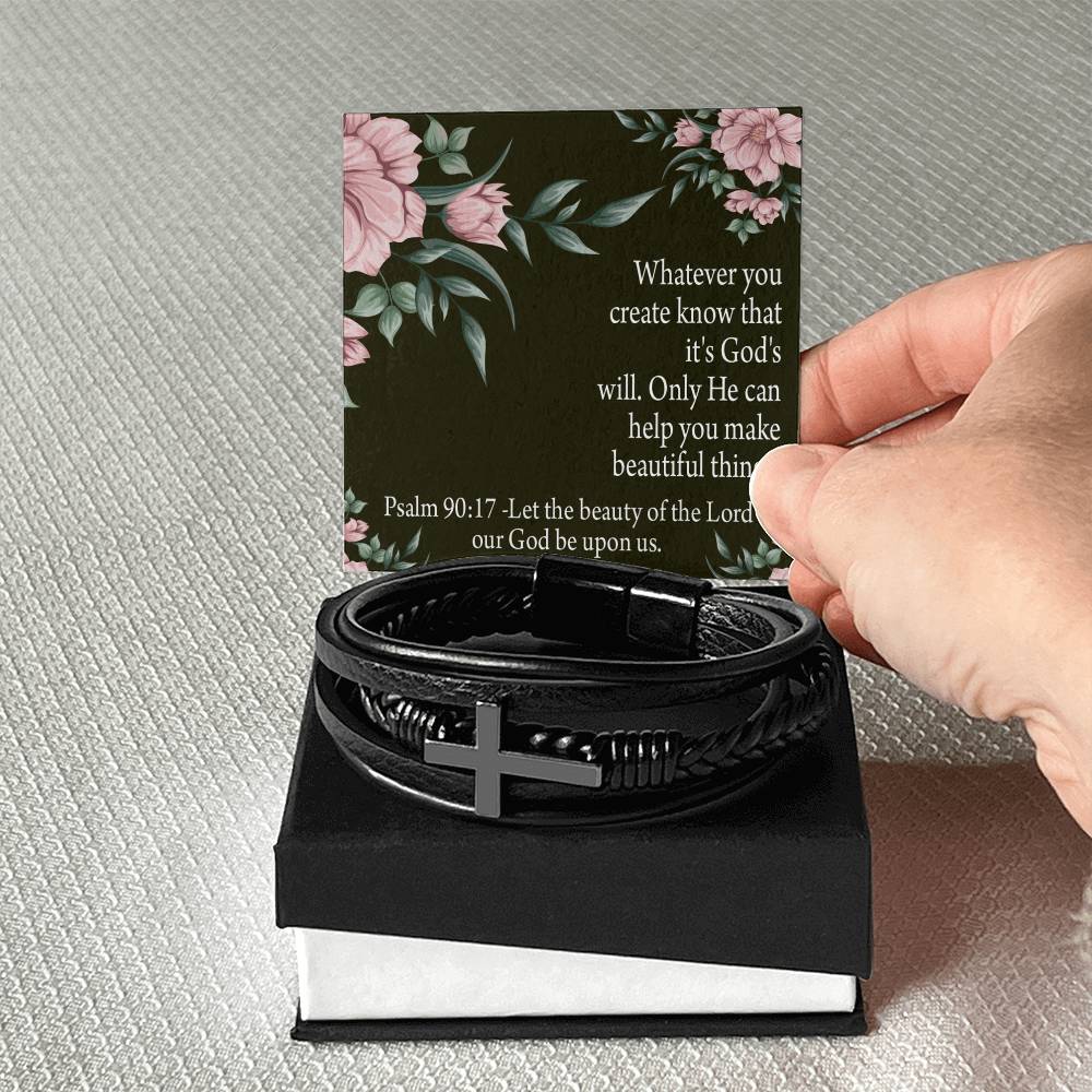 God's Will & Beauty Psalm 90:17 Men's Stainless Steel & Vegan Leather Cross Bracelet - Vegan Leather with Stainless Steel-Express Your Love Gifts