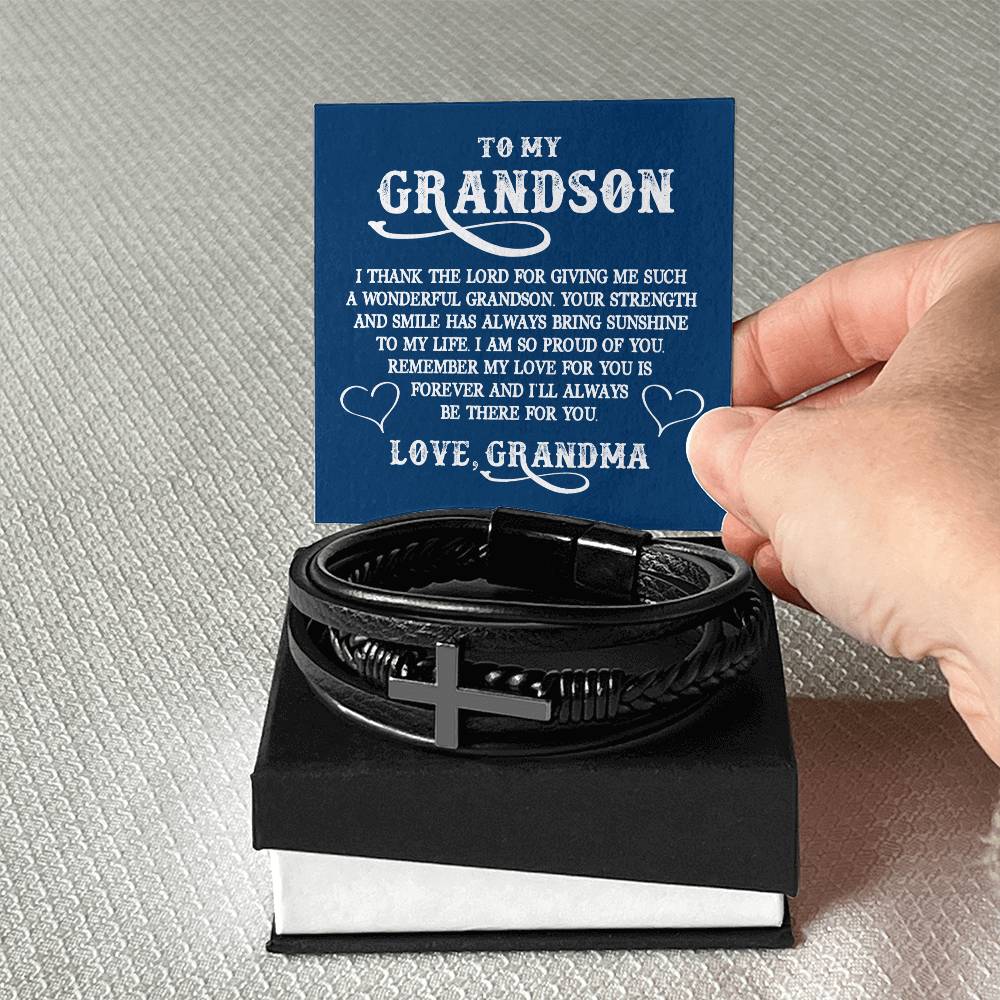 To My GrandSon I Thank The LORD For Giving Me Such Men's Cross Bracelet - Vegan Leather with Stainless Steel-Express Your Love Gifts