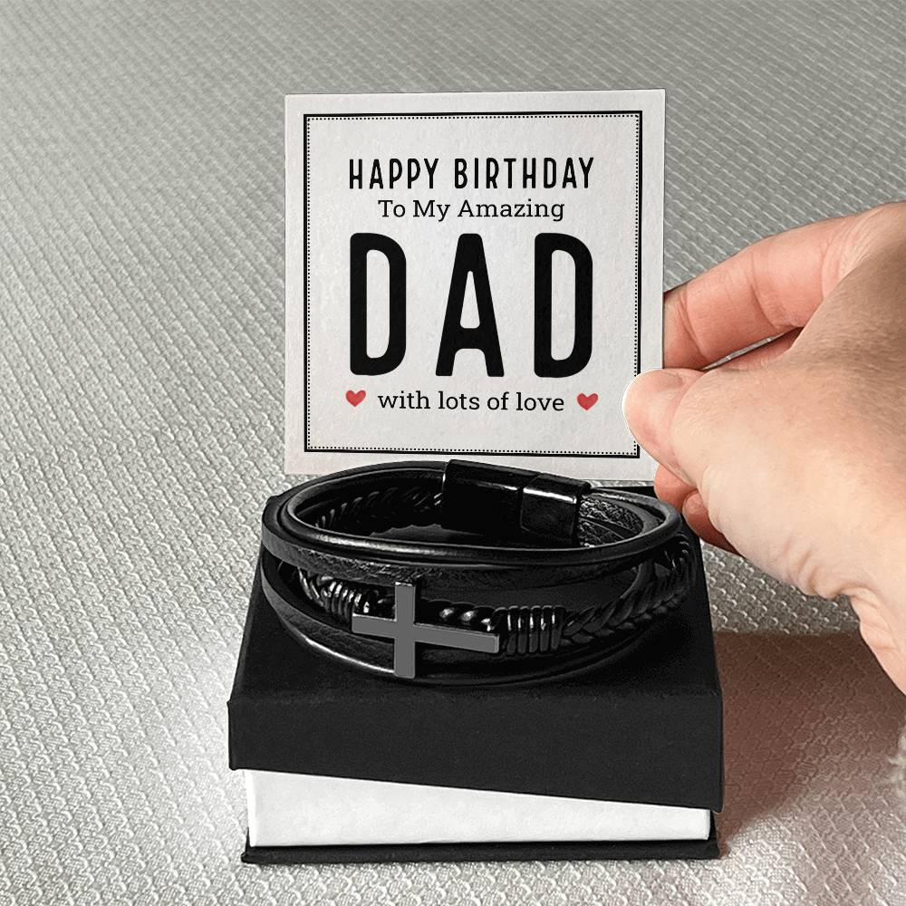 Happy Birthday to My Amazing Dad Men's Cross Bracelet - Vegan Leather with Stainless Steel-Express Your Love Gifts