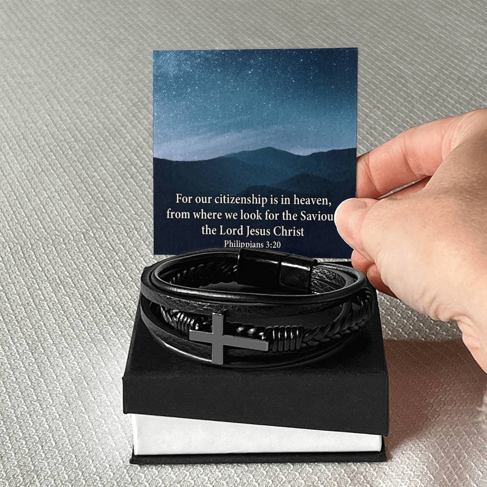 Citizenship in Heaven Philippians 3:20 Men's Stainless Steel & Vegan Leather Cross Bracelet - Vegan Leather with Stainless Steel-Express Your Love Gifts