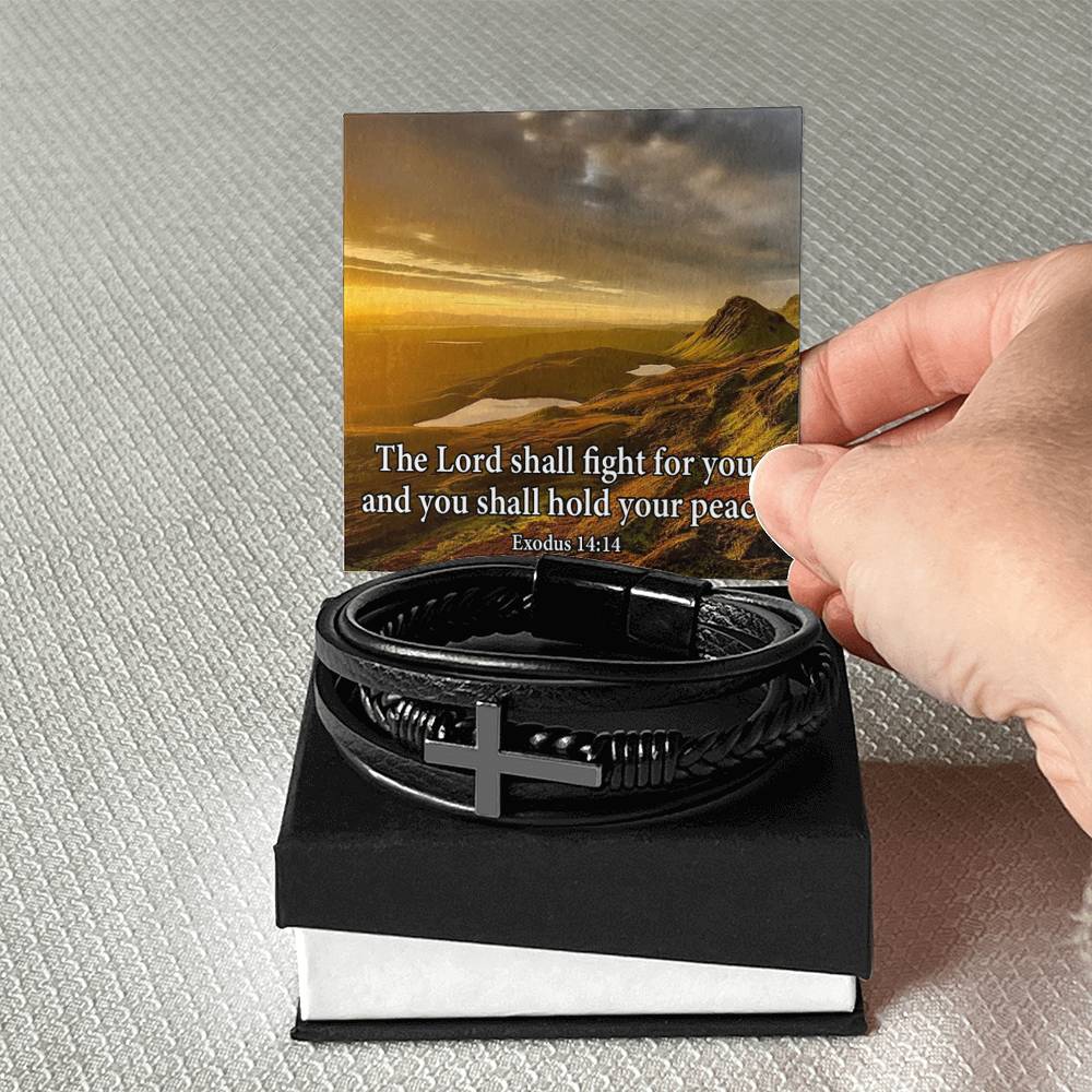 The Lord Shall Fight For You Exodus 14:14 Men's Stainless Steel & Vegan Leather Cross Bracelet - Vegan Leather with Stainless Steel-Express Your Love Gifts