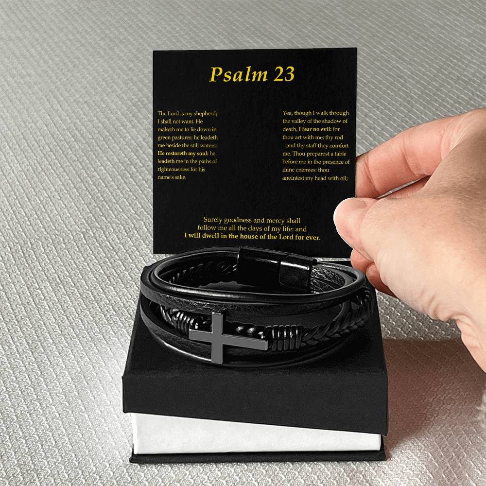Psalm 23 Men's Stainless Steel & Vegan Leather Cross Bracelet - Vegan Leather with Stainless Steel-Express Your Love Gifts