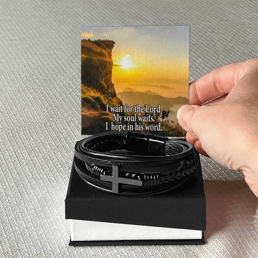 Hope in God Psalm130:5 Men's Stainless Steel & Vegan Leather Cross Bracelet - Vegan Leather with Stainless Steel-Express Your Love Gifts