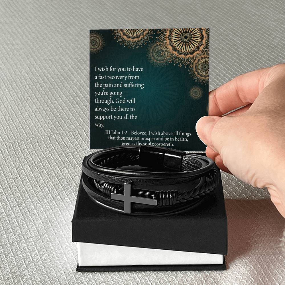 Get Well God's Support 3 John 1:2 Men's Stainless Steel & Vegan Leather Cross Bracelet - Vegan Leather with Stainless Steel-Express Your Love Gifts