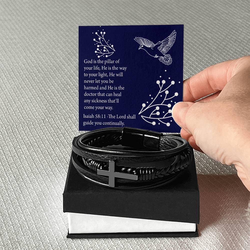 Get Well Isaiah 58:11 Men's Stainless Steel & Vegan Leather Cross Bracelet - Vegan Leather with Stainless Steel-Express Your Love Gifts