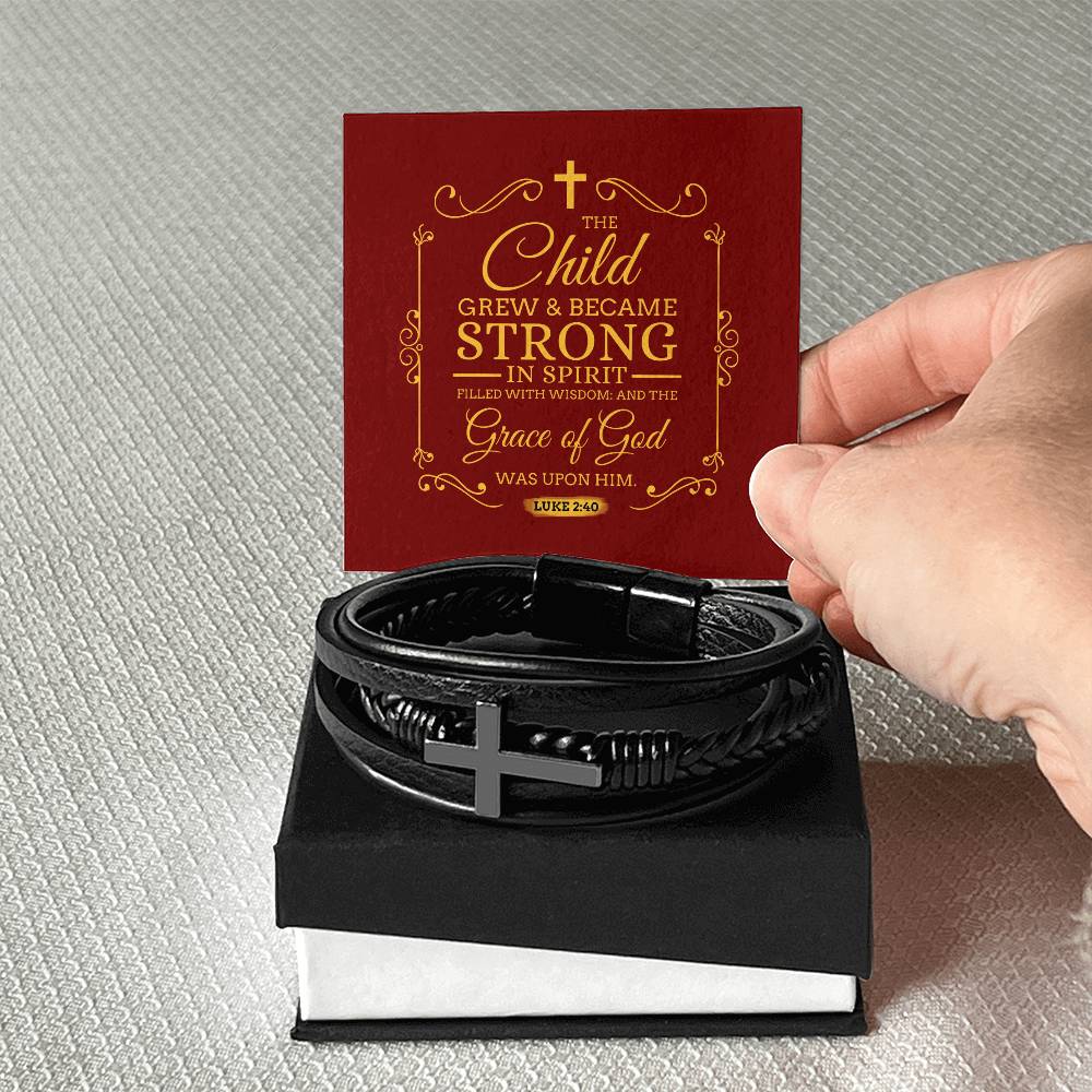Grace of God Luke 2:40 Men's Stainless Steel & Vegan Leather Cross Bracelet - Vegan Leather with Stainless Steel-Express Your Love Gifts