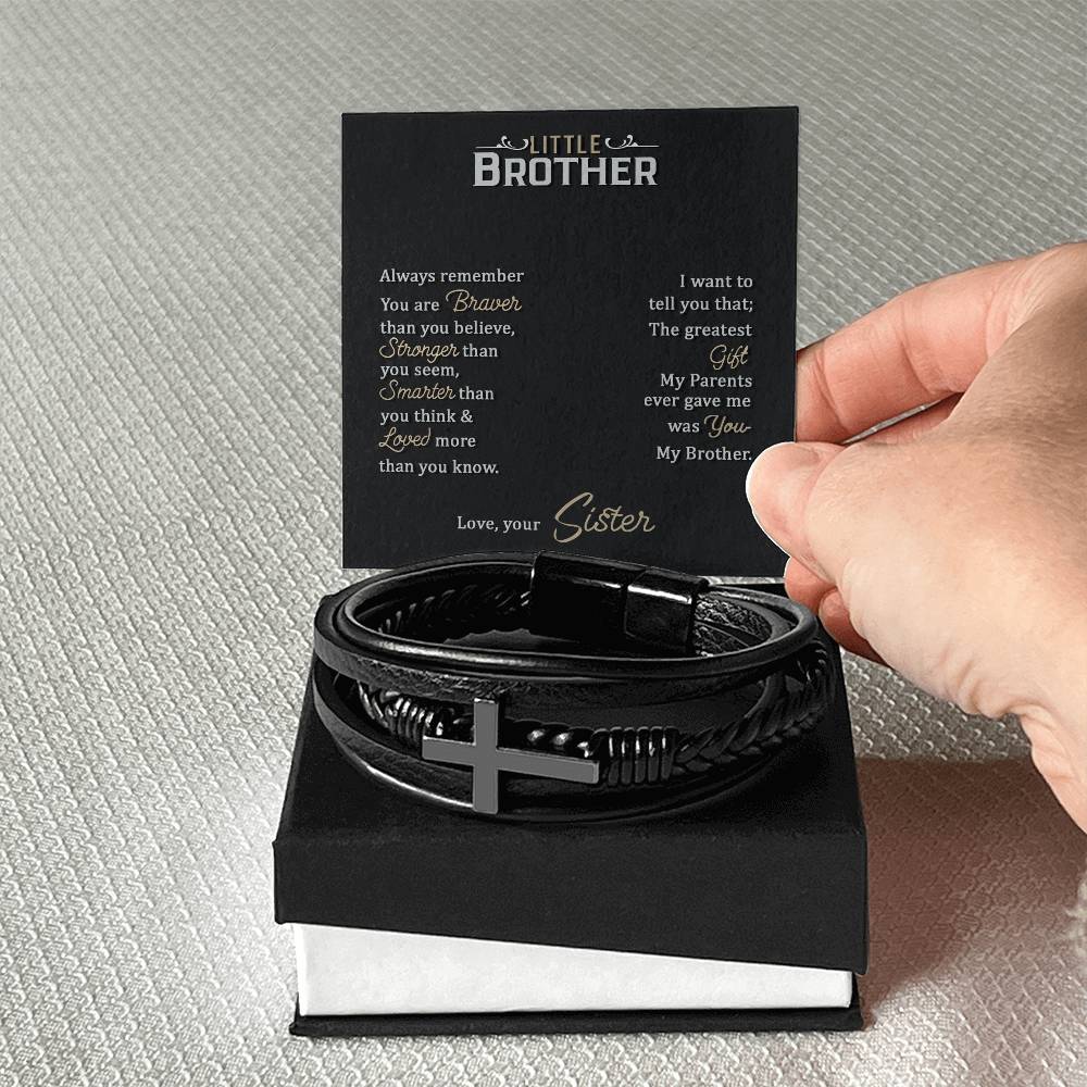 To My Little Brother Love Your Lord With All Your Strength Men's Cross Bracelet - Vegan Leather with Stainless Steel-Express Your Love Gifts